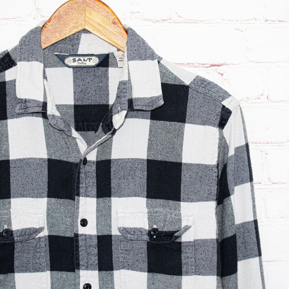 Salt Valley Button up Flannel Shirt Gray White Buffalo Plaid Men's Size Small